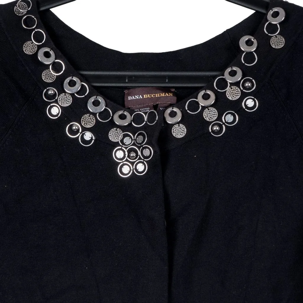 Dana Buchman Cardigan Sweater XS Womens Black 3/4 Sleeve Circle Accent Cotton - Image 3