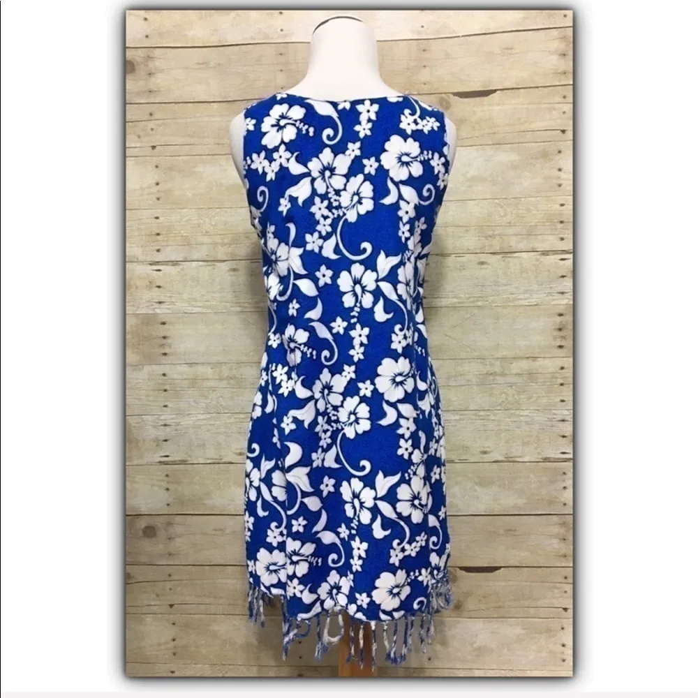 Tropical floral hibiscus print fringed rayon sleeveless dress size S Blue - Image 6