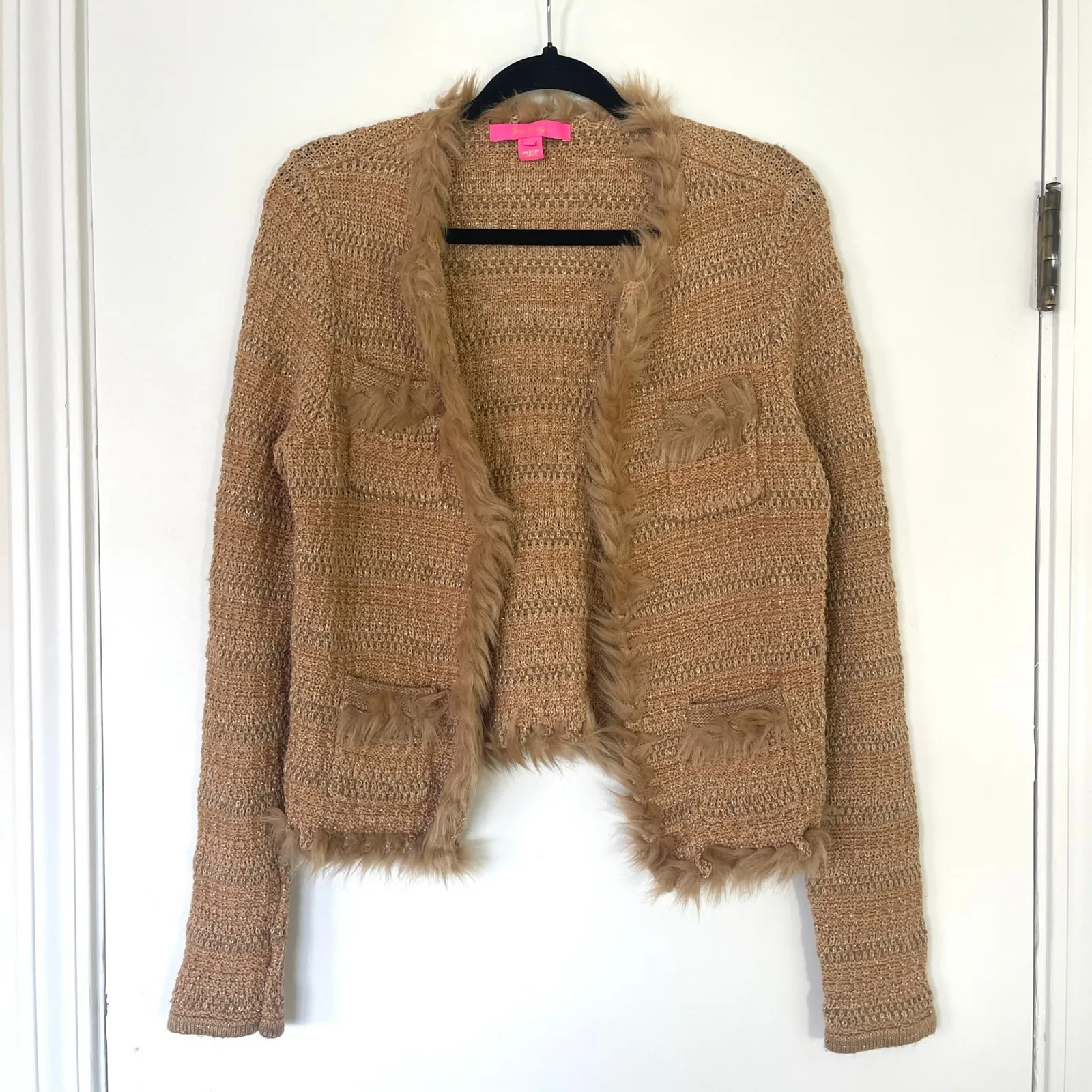 Lilly Pulitzer $198 Tan Knit Faux Fur Trim Preona Cardigan Jacket Sweater Medium - Image 2