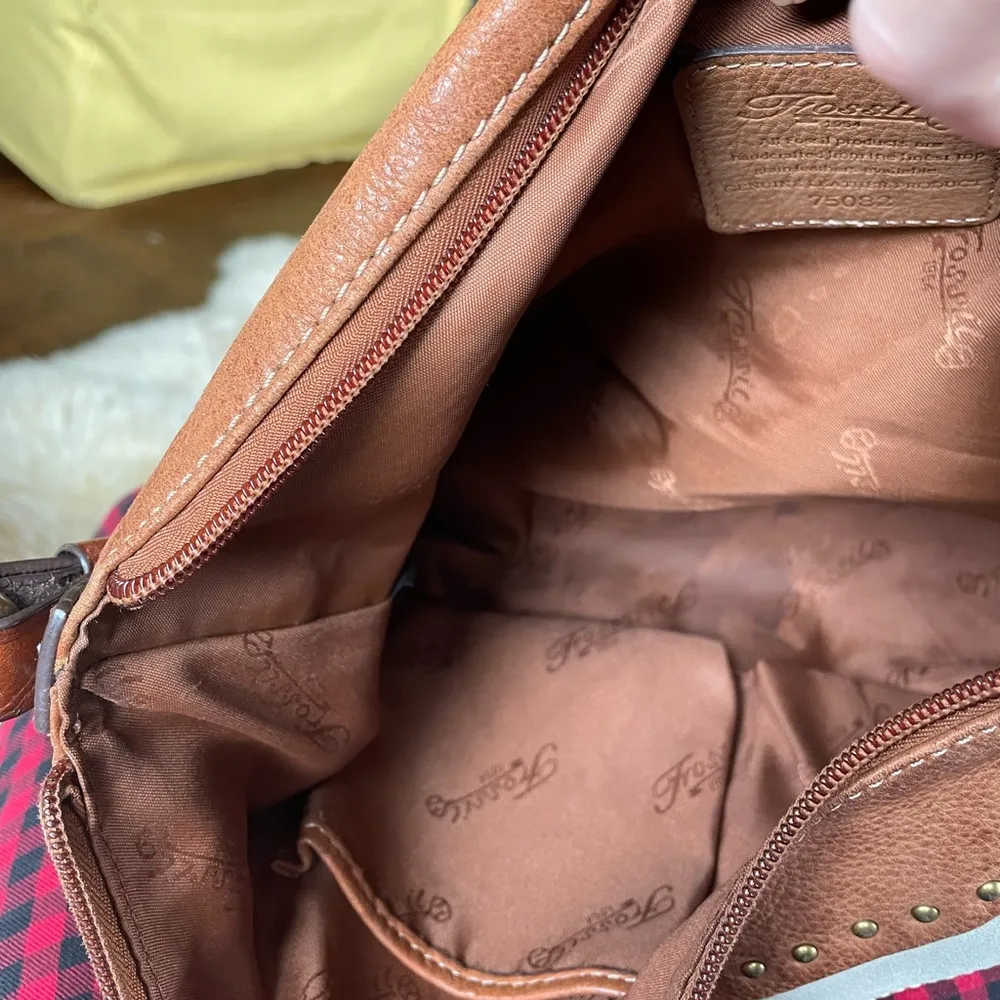 Fossil genuine leather patchwork horizontal stripe hobo shoulder bag cognac - Image 6