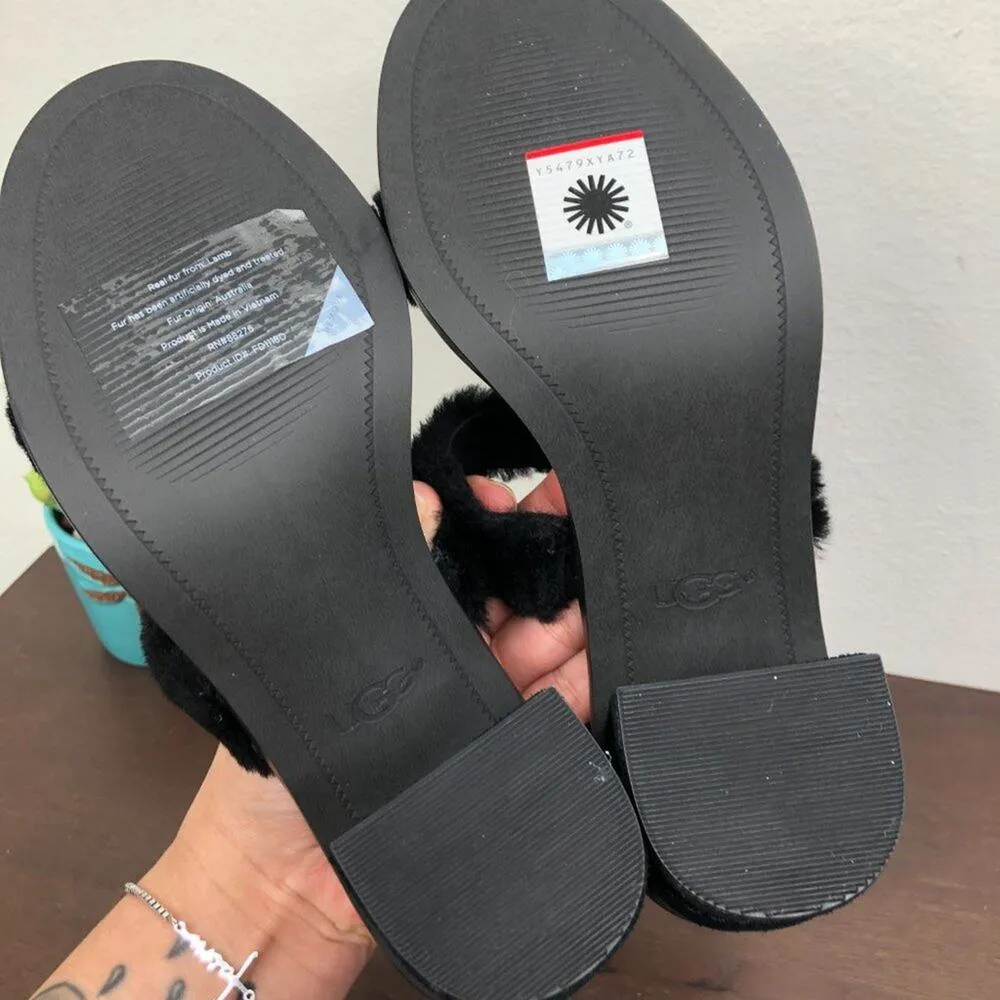NEW Ugg Del Rey Fluff Fur Heel Open Toe Black Sandals Women's Size 6 - Image 8