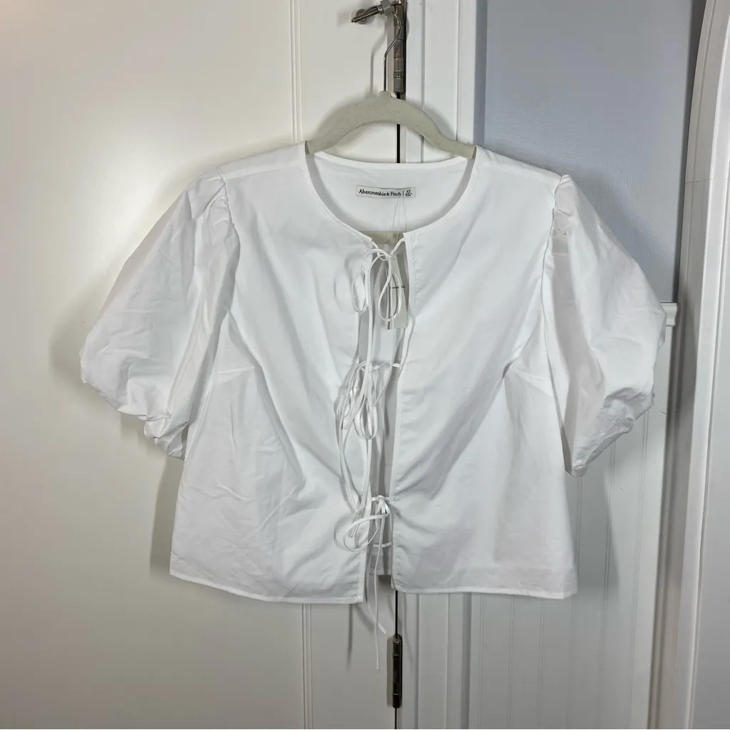 A&F Abercrombie & Fitch Short Sleeve Tie-Front Top Small white poplin cotton xs‎ - Image 2