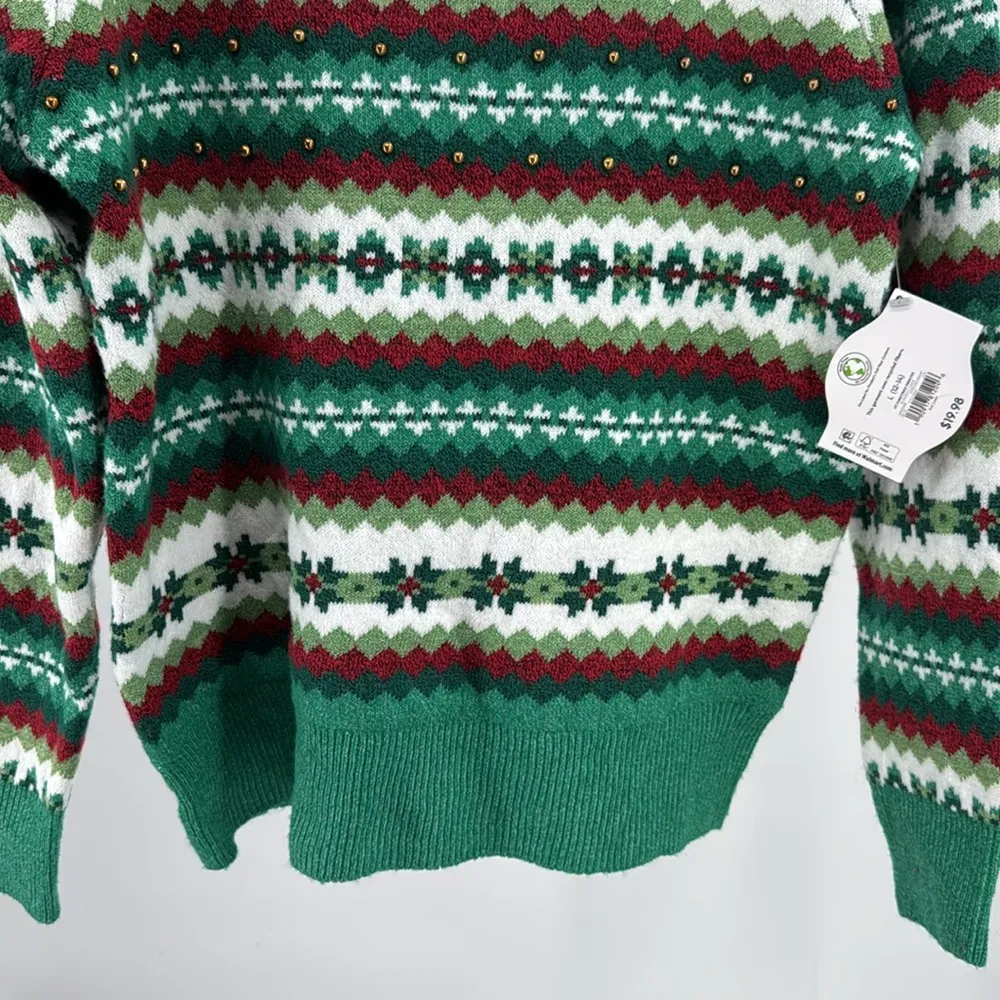 Holiday Time Women's Green Red Patterned Sweater metallic beaded soft Christmas - Image 7