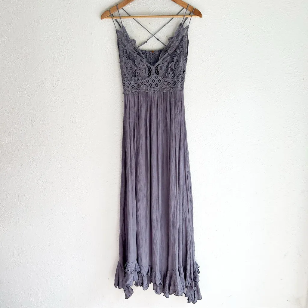 Free People Adella Gray Maxi Dress Boho Crochet Lace Maxi Medium - Image 3