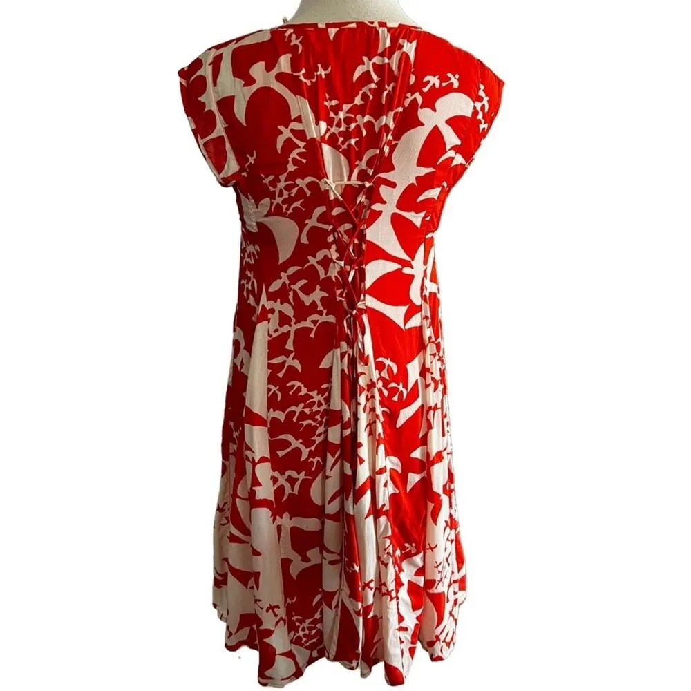 Anthropologie Maeve INDIGA Orange Bird Lace Up Back Swing Dress, Size XS - Image 7