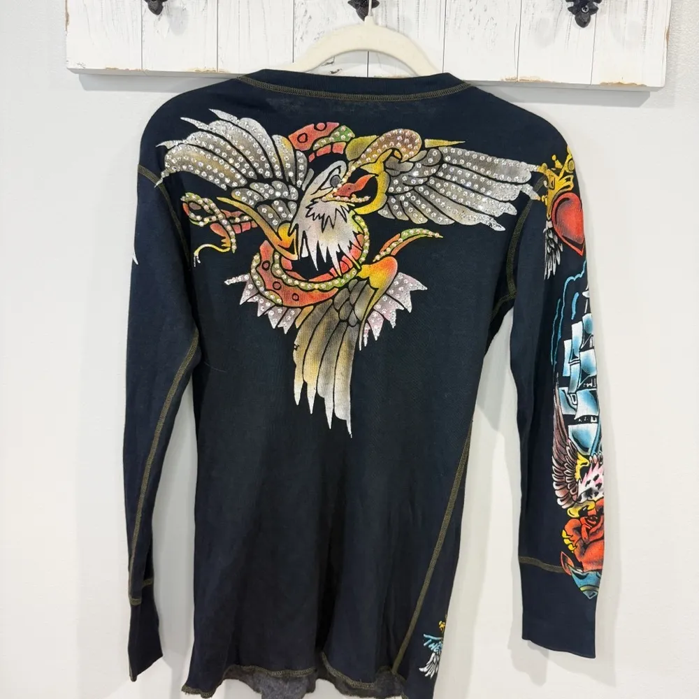 VTG 1999 Great China Wall Tattoo Top Studded Rhinestones Crystals Y2K Vibes M Black - Image 2