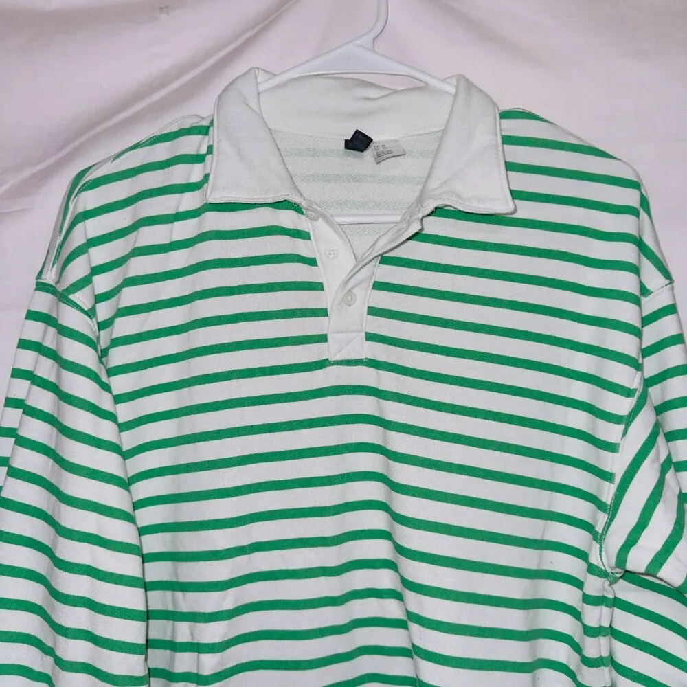 H&M Divided Green White Striped Long Sleeve Collared Top women's size XS - Image 4