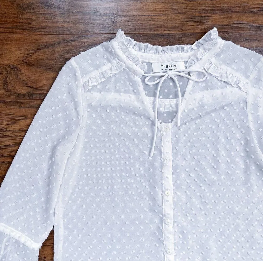 Auguste The Label • swiss dot blouse sheer white flowy bell sleeve tie neck Size 2 - Image 2