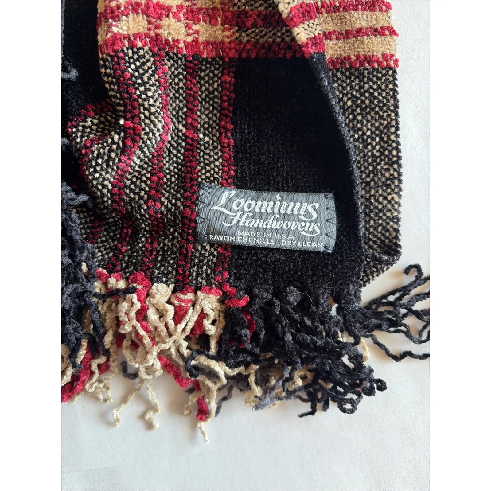 Loominus Handwovens Black Plaid USA Rayon Chenille Fringe Hem Scarf Wrap Unisex - Image 4