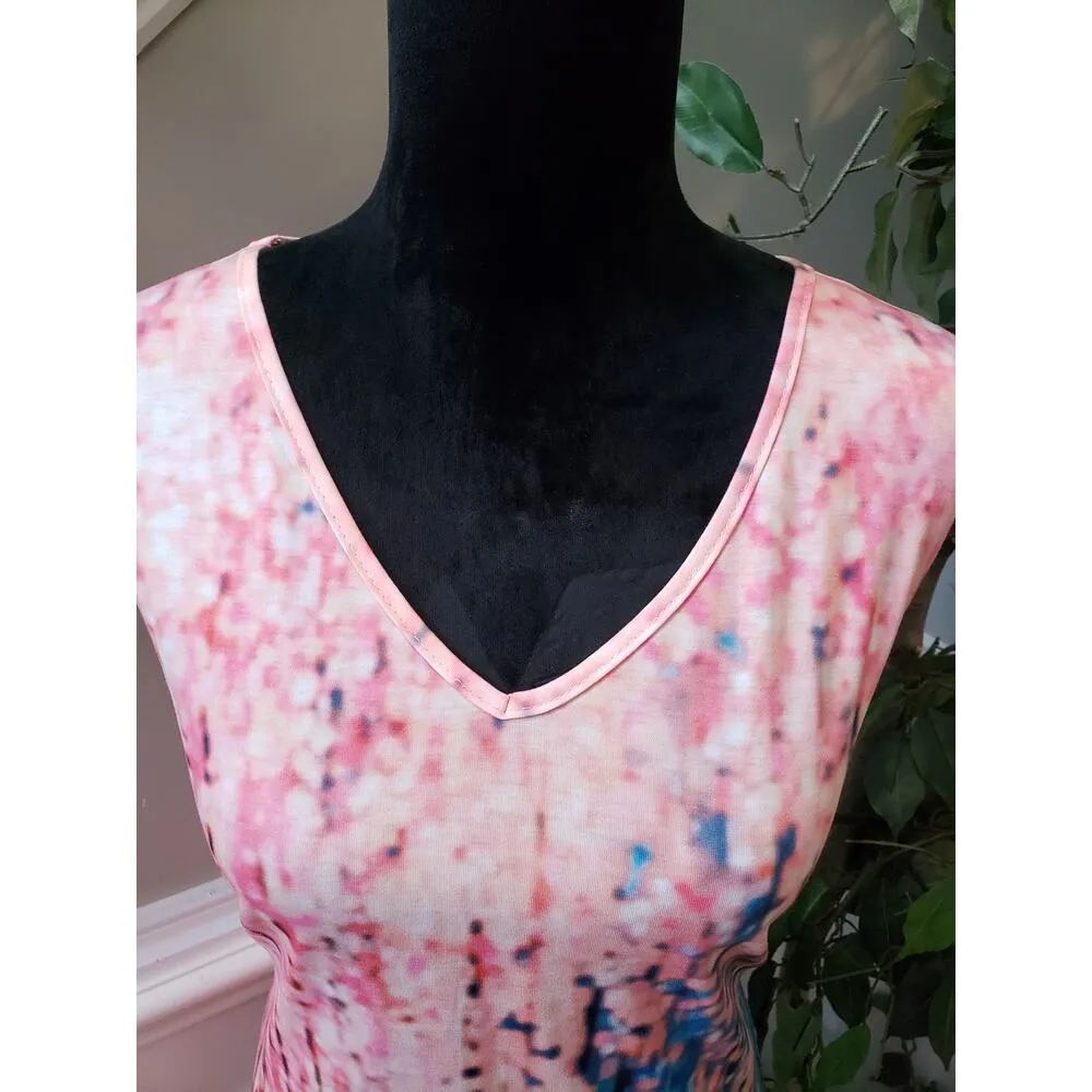 Women L Pink Blue Abstract Print Sleeveless V - Image 6