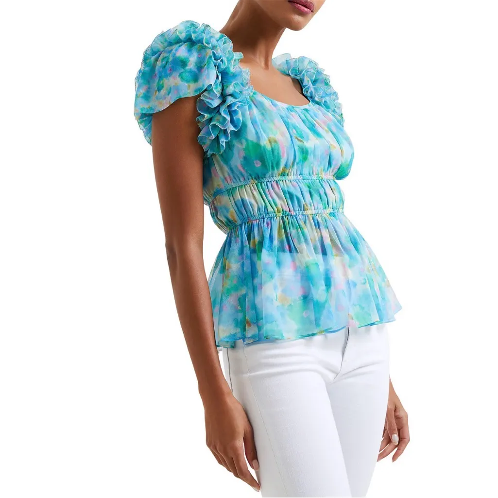 French Connection Gretha Hallie Crinkle Ruffle-Shoulder Top Size Medium - Image 4
