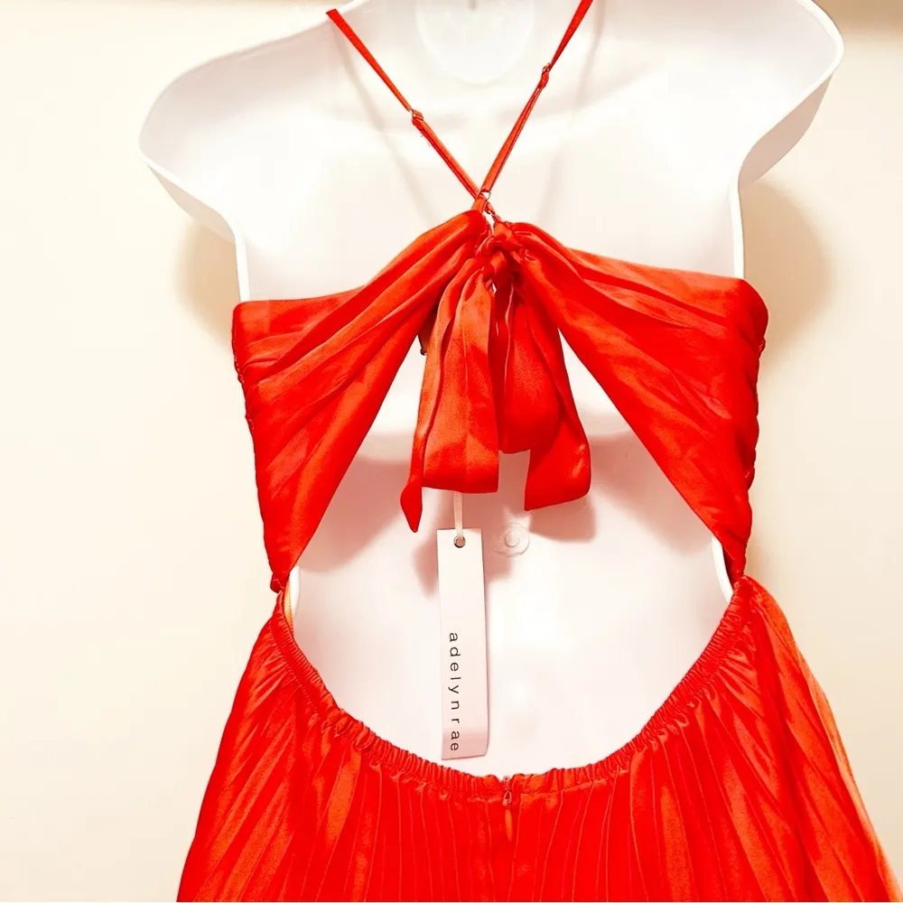 Adelyn Rae Pleated Skirt Ruched Bodice Satin Midi Dress Orange Small NWT - Image 4