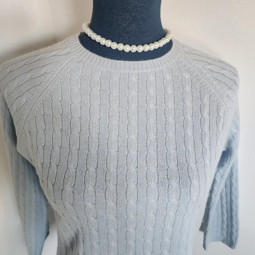 Lord & Taylor Two Ply Cashmere Powder Blue Cable Knit Crewneck Sweater - Image 2