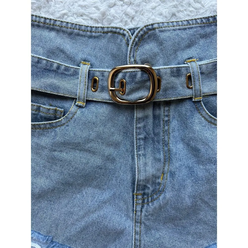 Kittenish High Waisted Belted Denim Shorts Size XS - Image 2