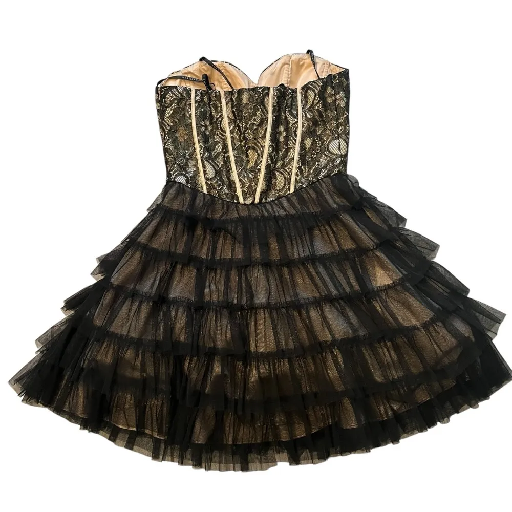 Vintage 90s Masquerade Strapless Black Gold Tiered Tulle Tutu Skirt Dress,Sz 5/6 - Image 7