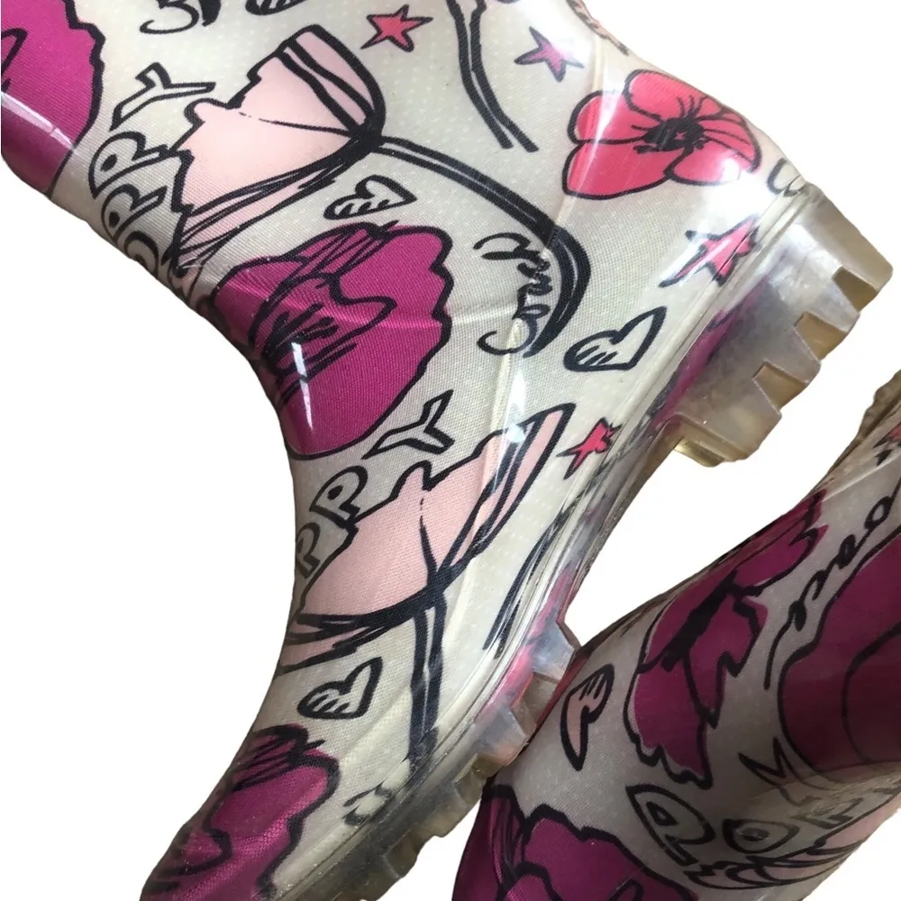 Poppy Rubber Jelly Tall Preppy Rain Boots 7 Printed Pink Flowers Fairycore - Image 5