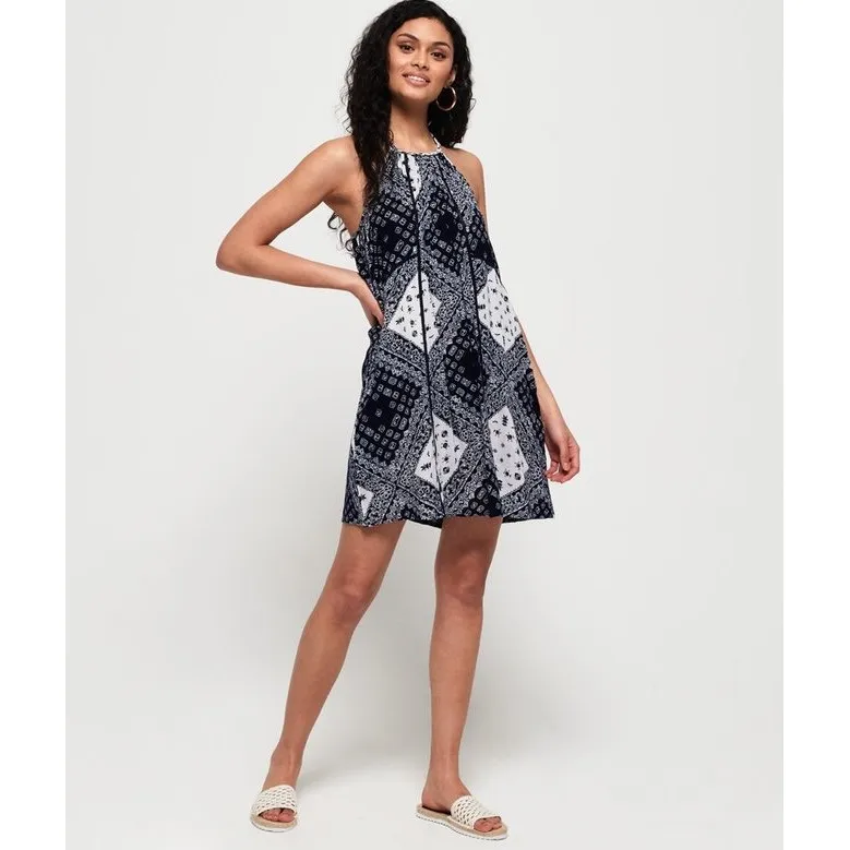 Superdry Womens Halter Dress Mini Sundress Navy White Bandana‎ Print Size 8 - Image 2