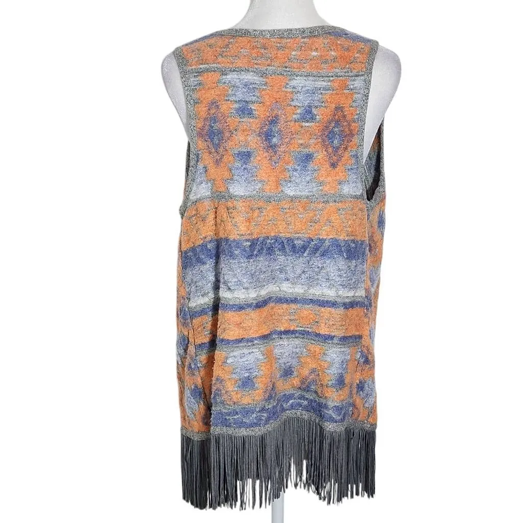 INC International Concepts Gray and Orange Aztec Vest with Fringe Size Medium - Image 2