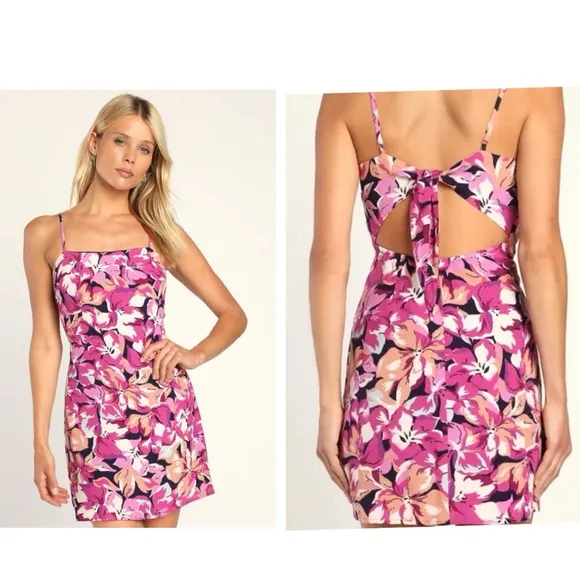 Lulus Impressions Of Love Magenta Floral Print Tie-back Mini Dress Size small - Image 2
