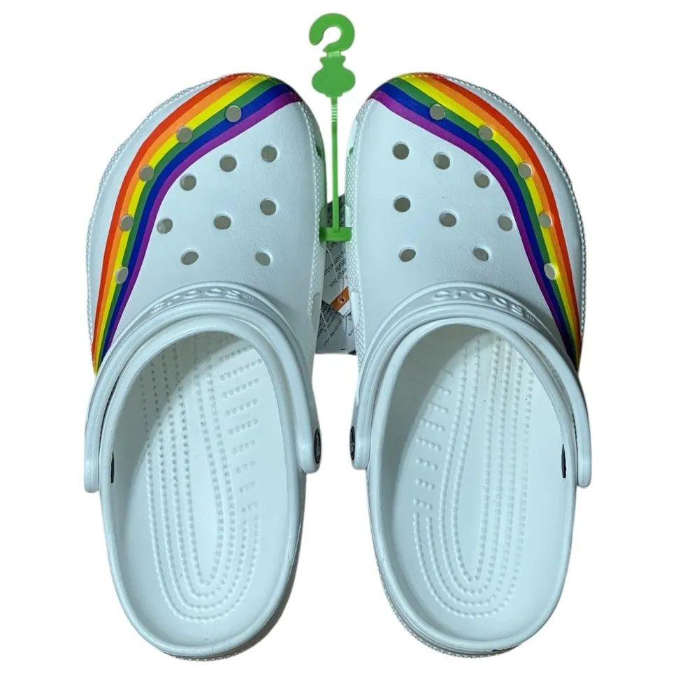 Crocs White Rainbow Pride Unisex Slip On Clogs Shoes NWT - Image 5