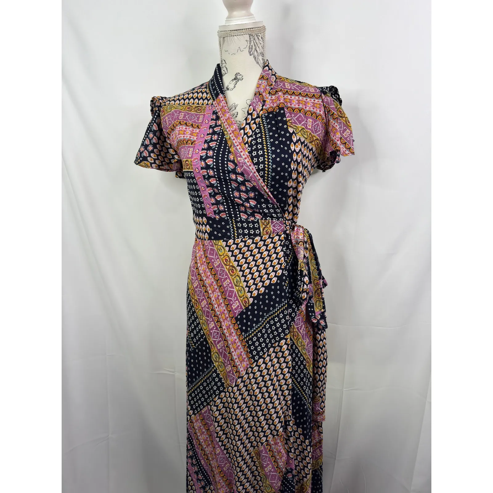 RAGA Patchwork Print Wrap Midi Dress Short Flutter Sleeve Boho Festival Size S - Image 8