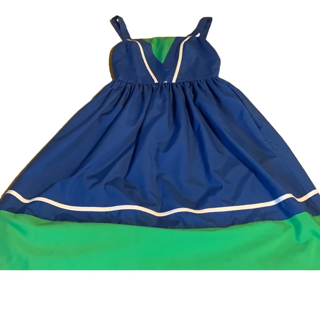 VINTAGE 1980'S JENNI BLUE, GREEN & WHITE COLOR BLOCK DRESS W/BELT (7/8/S) - Image 10