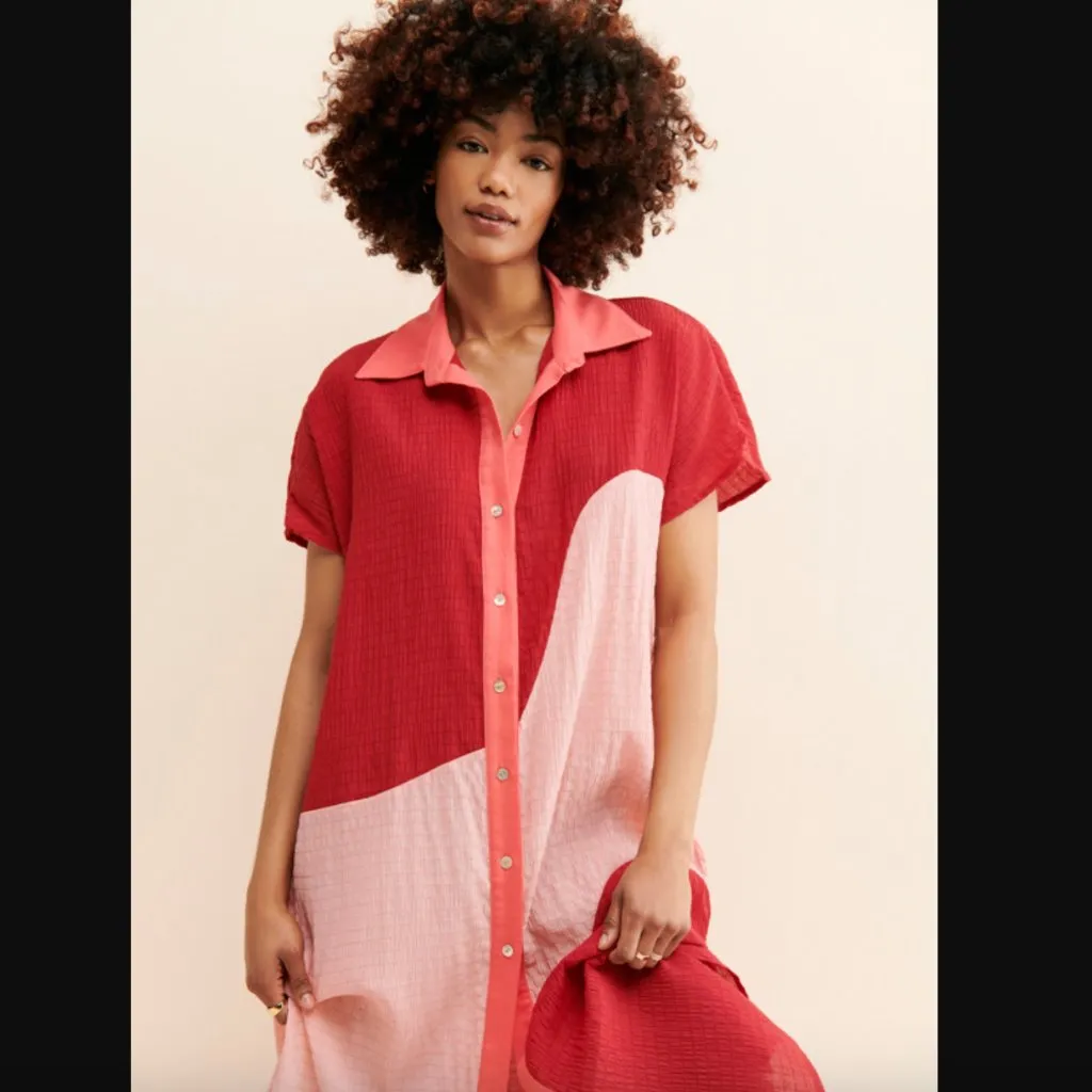 Margo Baridon Lilo Red & Pink Colorblock Midi Shirt Dress S - Image 4