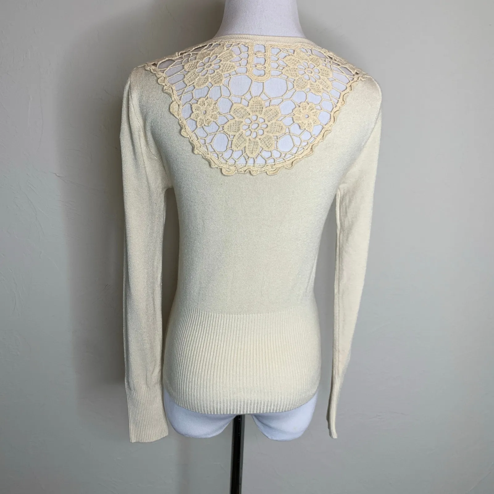 Beige Lace Cutouts Fitted Cardigan Y2K Sz Small - Image 3