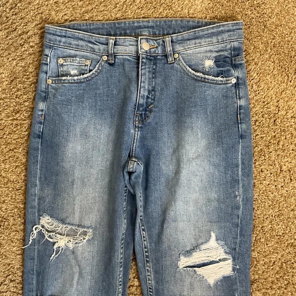 1. Cheap Monday Blue Distressed Straight Leg Jeans Over My Dead Body Size 28 - Image 4