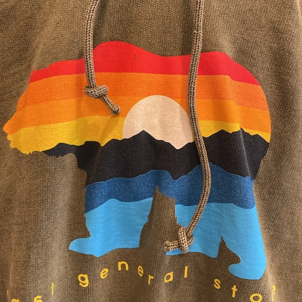 Hoodie Sweatshirt Olive Green Rainbow Bear Graphic Mast General Store Size SMALL - Image 2