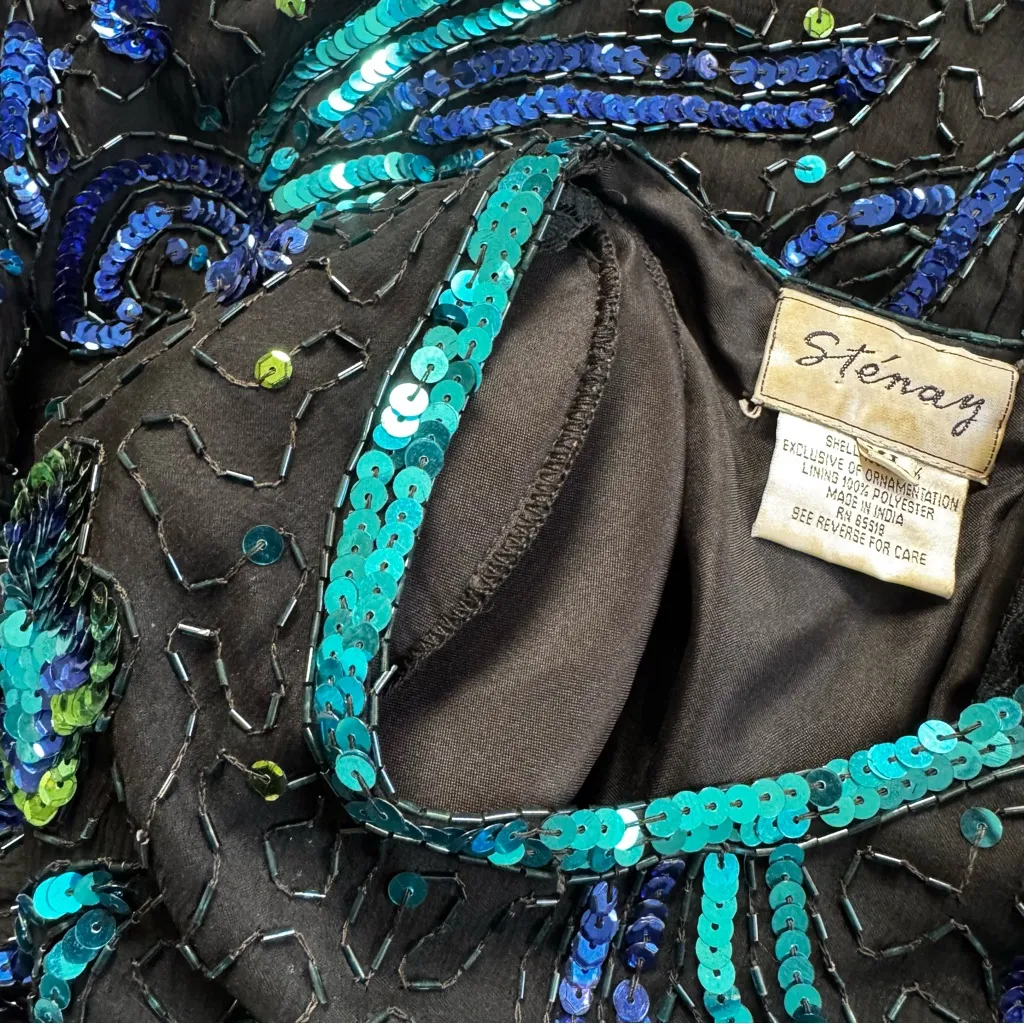 Vintage Stenay Black 100% Silk and Blue Shiny Sequin Party Holiday Dress Size XL - Image 7