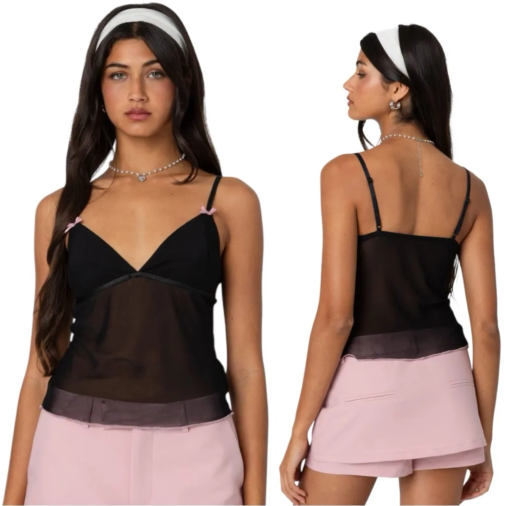 Edikted Black Mesh Top with Pink Trim | Size S - Image 2