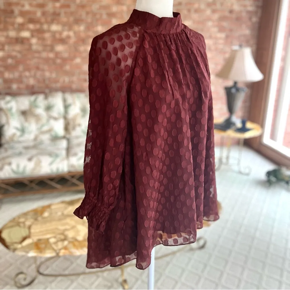 NWT DR2 Top Polka Dot Mock Neck High Low Rust M Boho High Neck Long Sleeve Red Size M - Image 13