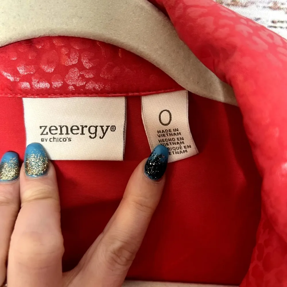 Chicos Red Orange Leopard Print Trim Lightweight Jacket Small - Image 2