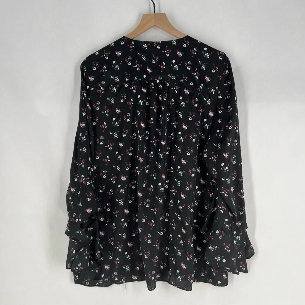 Vince Camuto Black Satin Floral Print Floral Layered‎ Front Ruffle Sleeve Blouse - Image 10