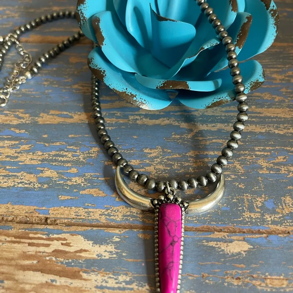 New Pink and Silver Longhorn Pendant on 18” Beaded Navajo Style Chain - Image 6