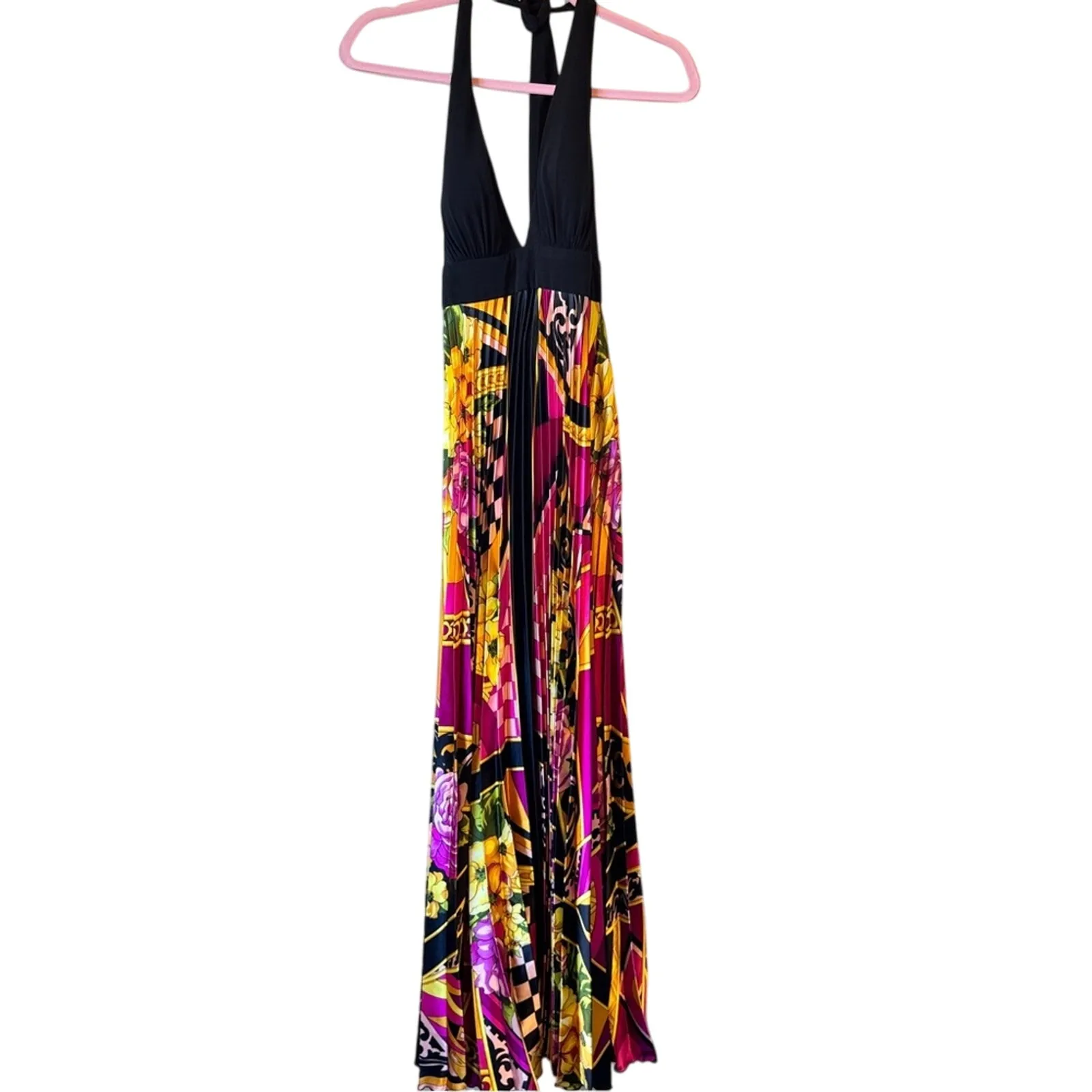 Cache Vintage Y2K Halter Maxi Dress Womens 2 Silk Pleated Mixed Print Rivera - Image 2