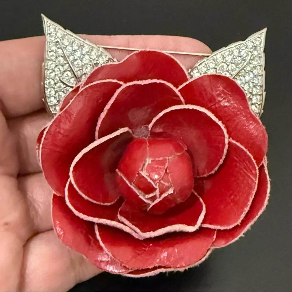 Vintage SWAROVSKI Swan Signed Red Leather Camellia Flower Pave Leaves Brooch 31g - Image 13