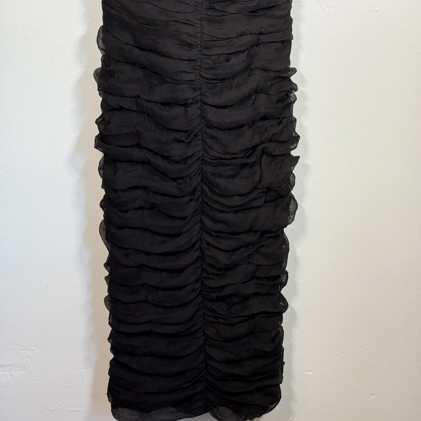 Vintage 90s Tadashi Silk Ruched Halter Dress Black Bodycon Midi Cocktail Formal - Image 5