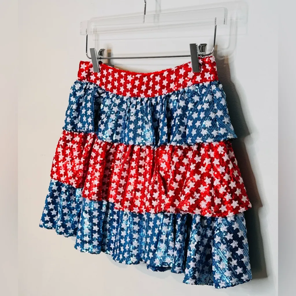 Queen of Sparkles Spangle Stars Red White Blue Tiered Mini Skirt Skort - Image 8