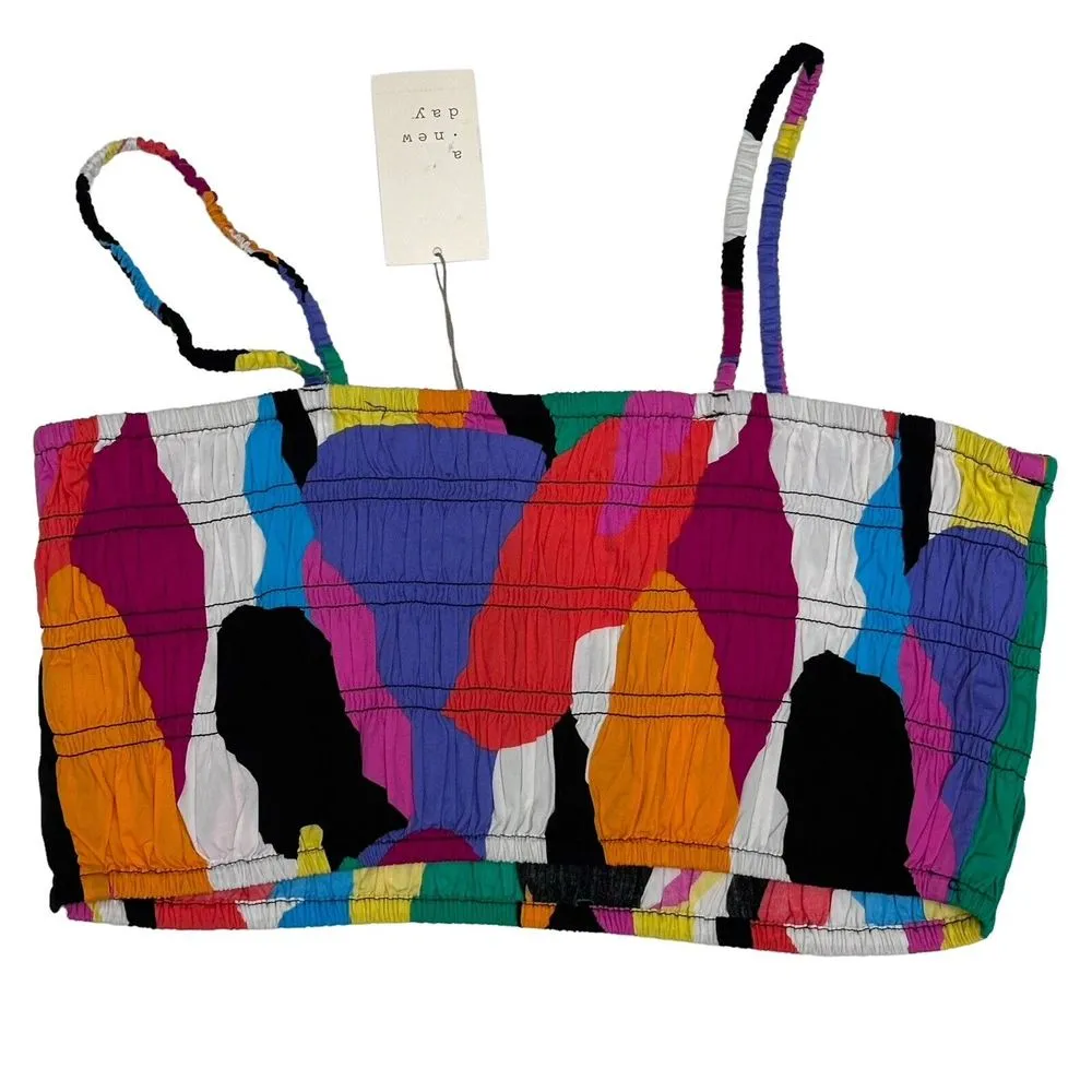 2 - Bandeau Crop Smocked Top Women's Size XL Green & Multi Color‎ NWT - Image 5