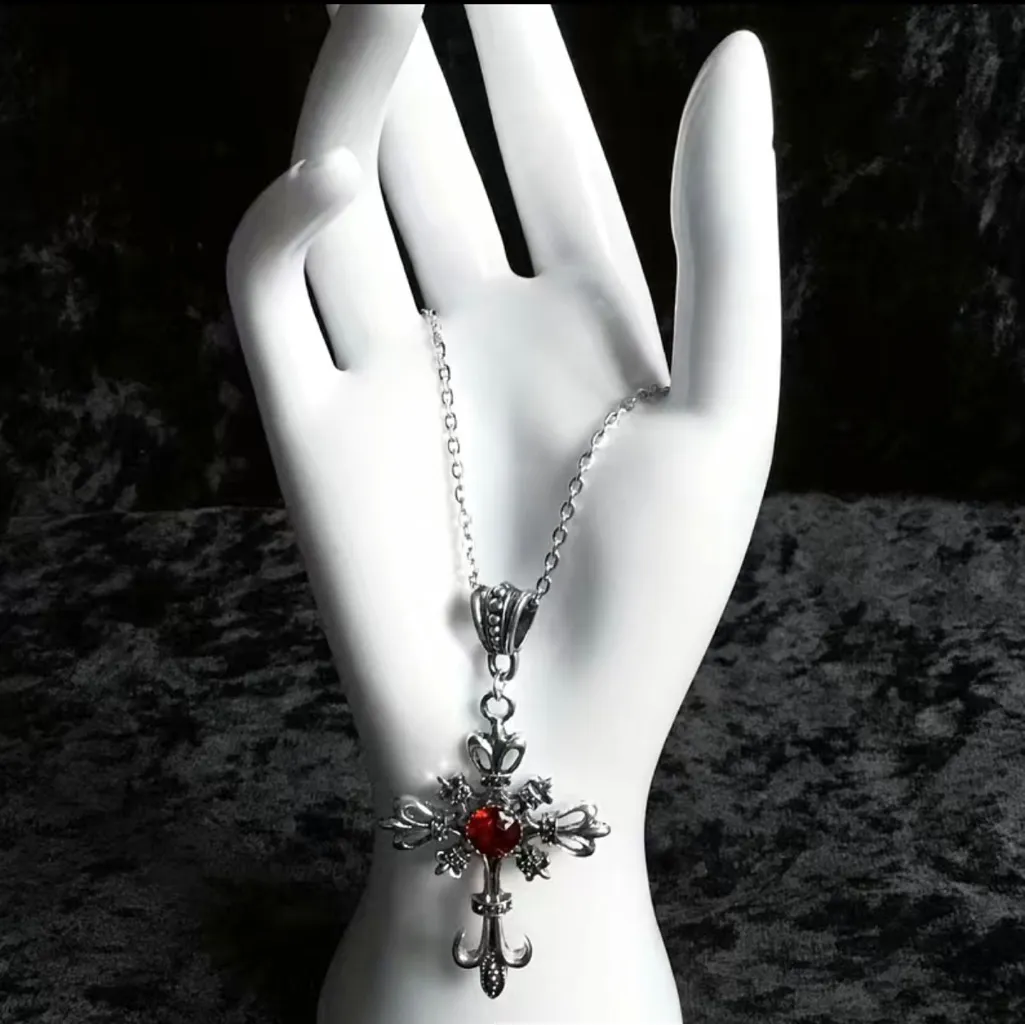 Ruby cross silver tone‎ pendant necklace faux fashion jewelry - Image 3