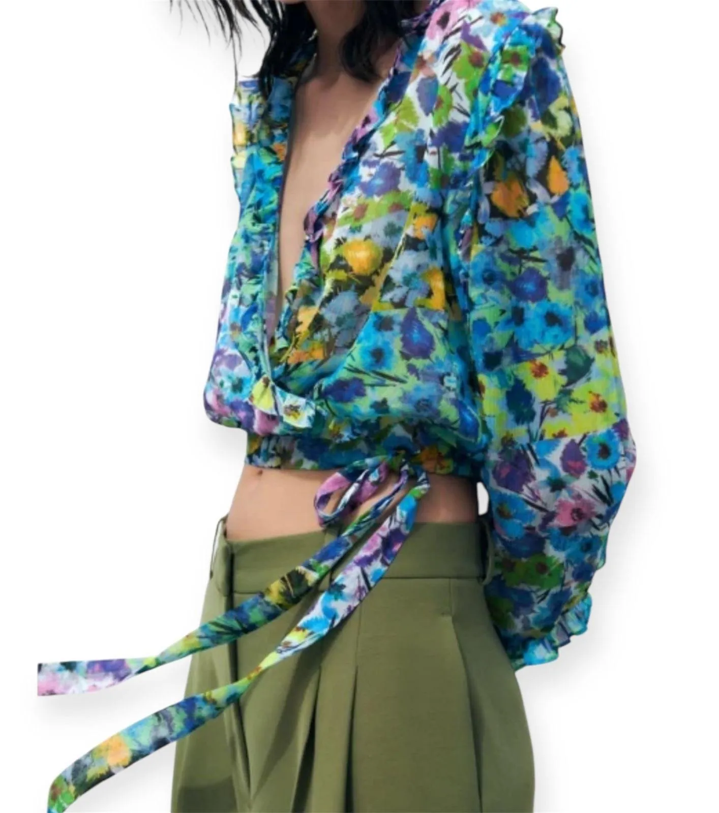 Zara Floral Ruffle Wrap Blouse Long Sleeve Sheer Tie Front Crop Top Boho Sz L - Image 3