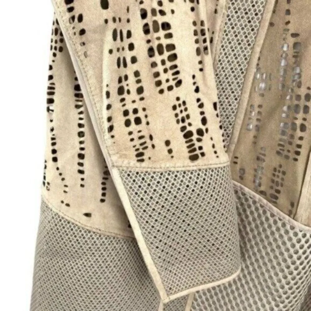 Lamb Suede Leather Mesh Open Front Jacket - Image 4