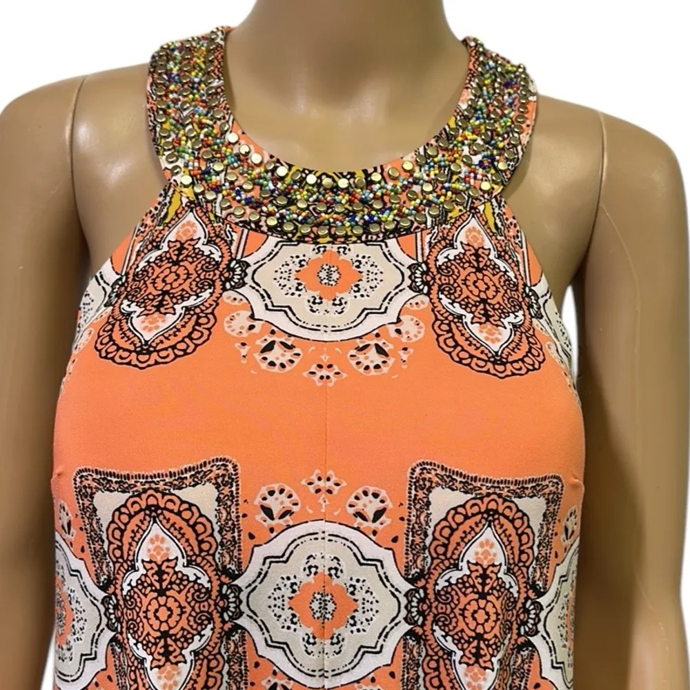 INC Morocco Blissful Medallion Beaded Handkerchief Racerback Midi Dress Small Orange - Image 9
