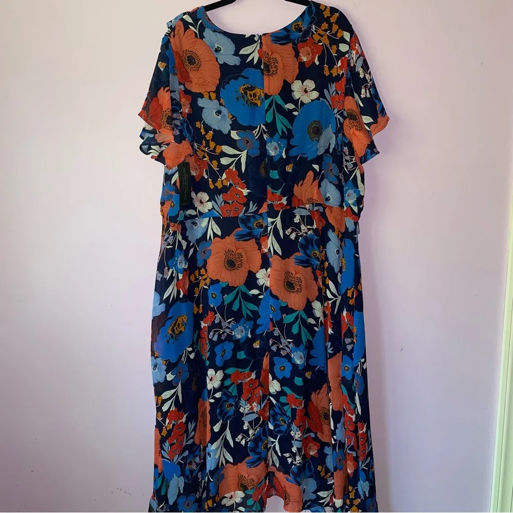NEW Lane Bryant Size 28 Blue Floral Midi Dress Faux Ruffle Navy Orange Boho - Image 6