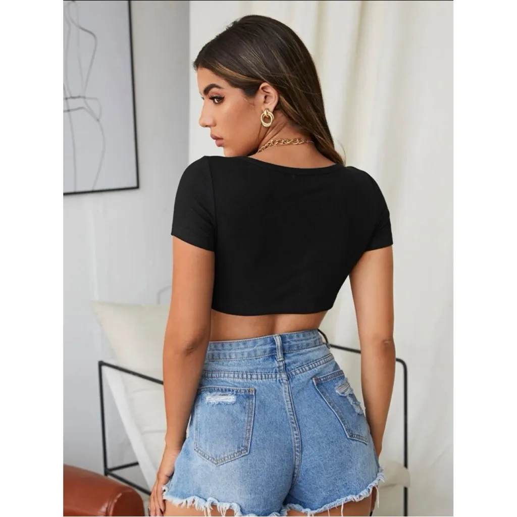 SHEIN SXY Twist Front Rib-Knit Crop Top, Black, Size S, NWOT - Image 2