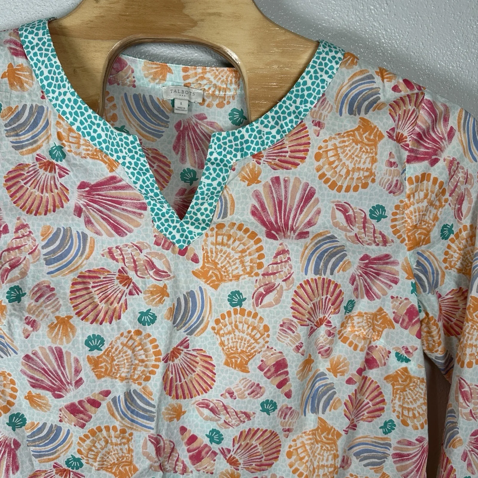 Talbots Seashell Print Cotton Popover Tunic Top Size Large Pink Orange Beach - Image 2