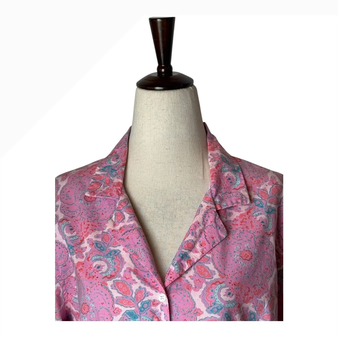 Pine Cone Hill Shirt Women Medium Pink Cotton Floral Button Up Boho Preppy - Image 3