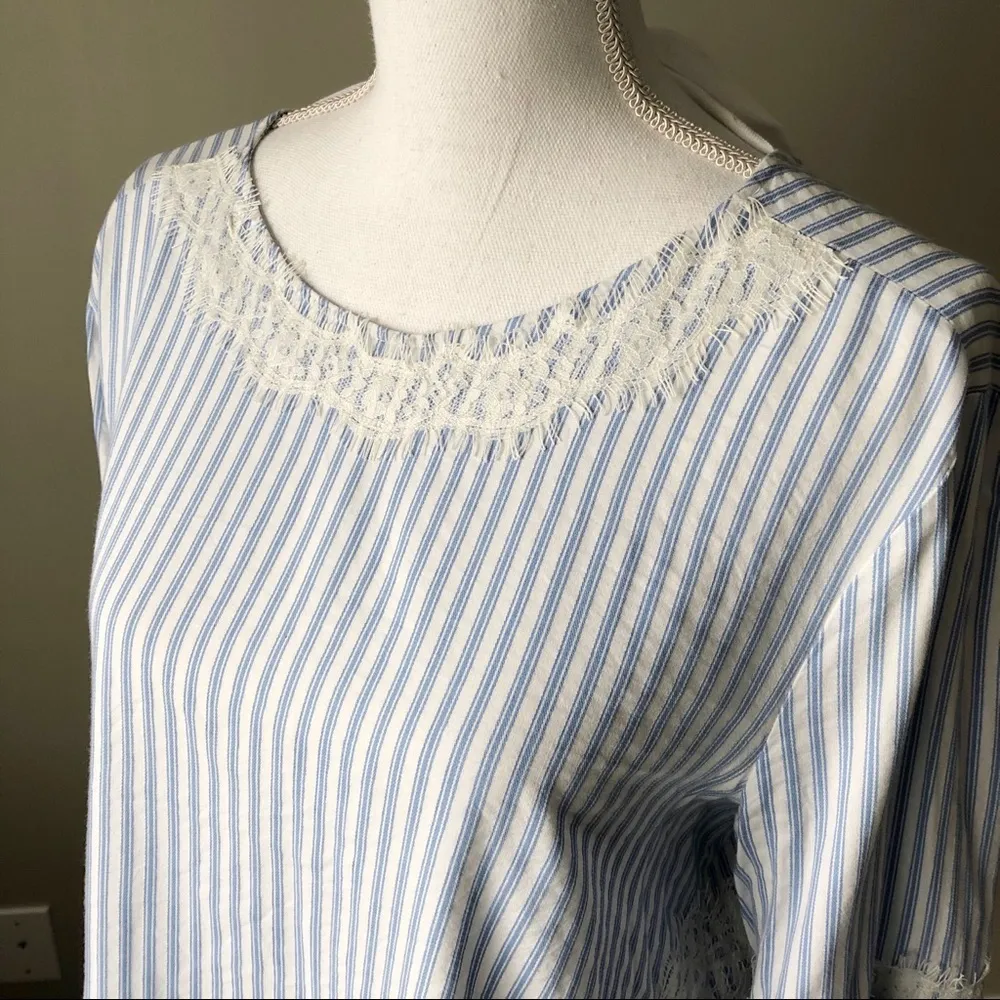 ZARA | Blue White Stripe Lace Detail Blouse - Image 4